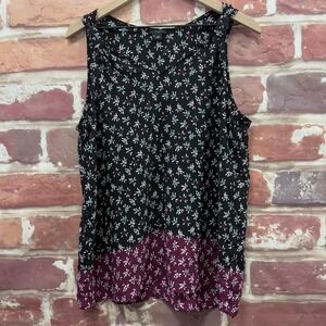 Ann Taylor Top Women's Large Black Multicolor Ditsy Floral Colorblock Tank Shirt